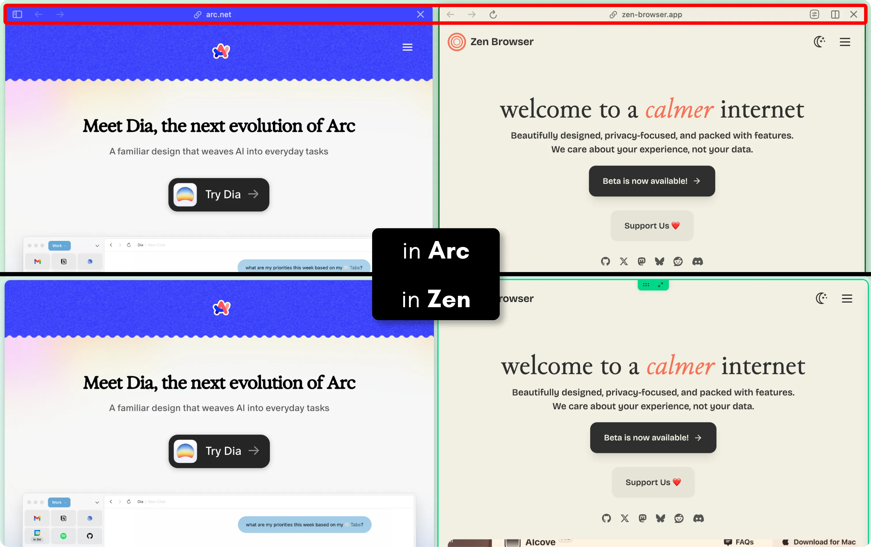 Split View in Arc vs. in Zen