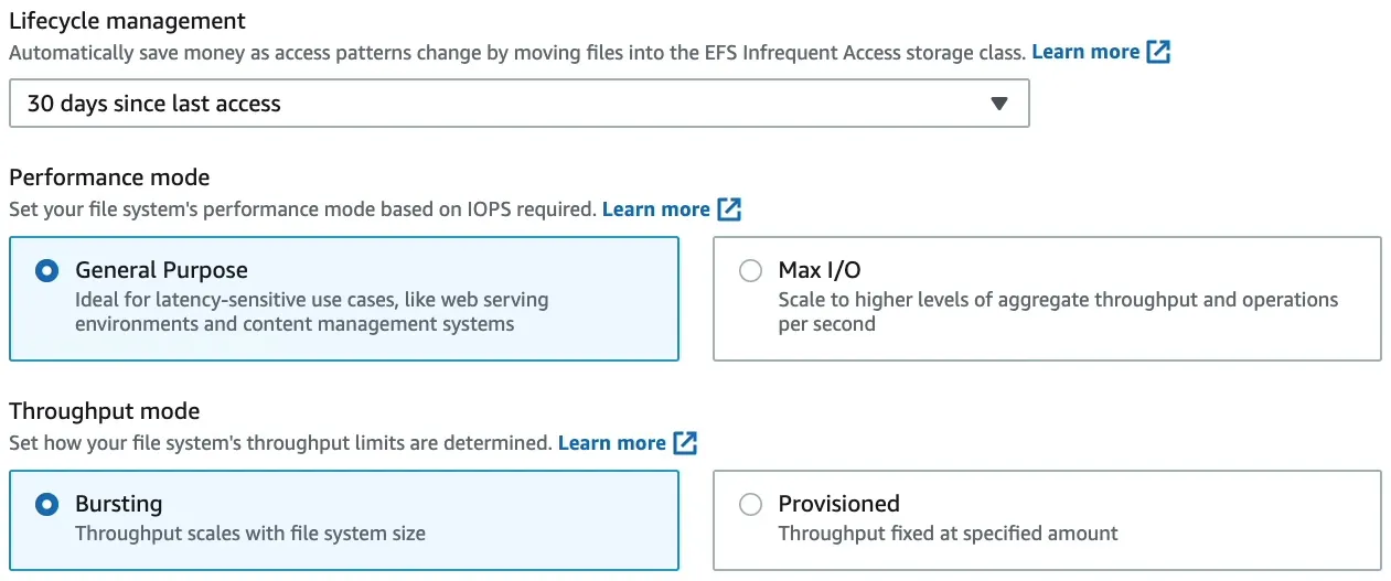 AWS Console screenshot of EFS performance and throughput mode options