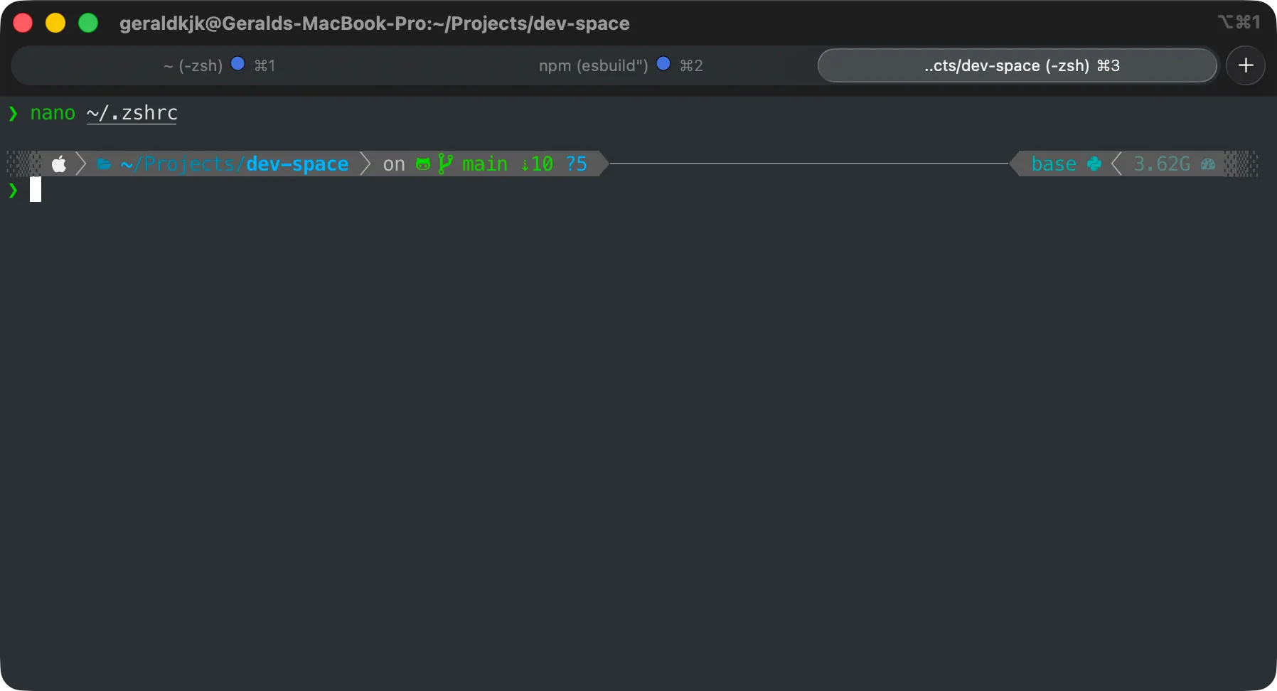 Oh My Zsh shell with the Powerlevel10k theme in my iTerm2 terminal