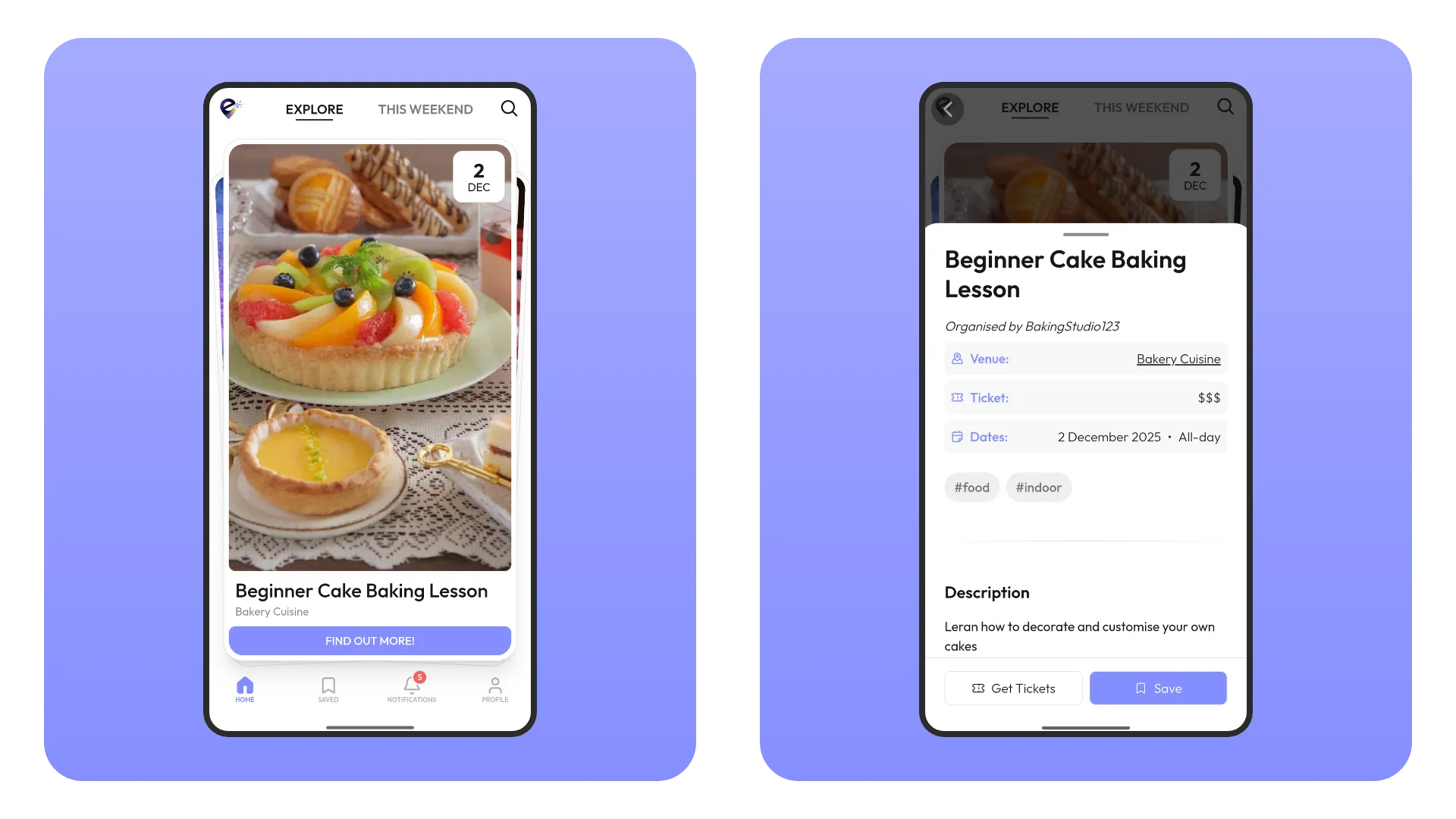 Mobile showcase of event discovery and details