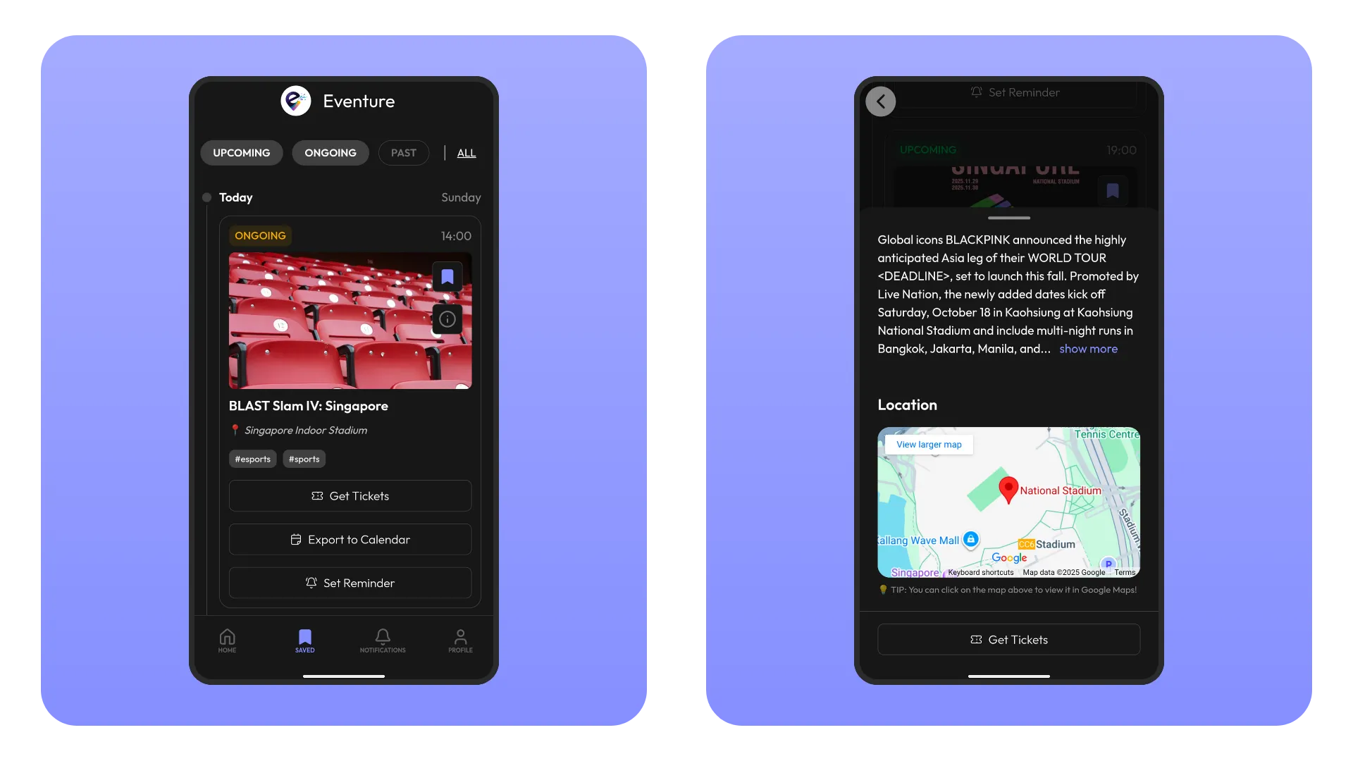 Mobile showcase of saved event details, calendar export and reminder notificationfeatures