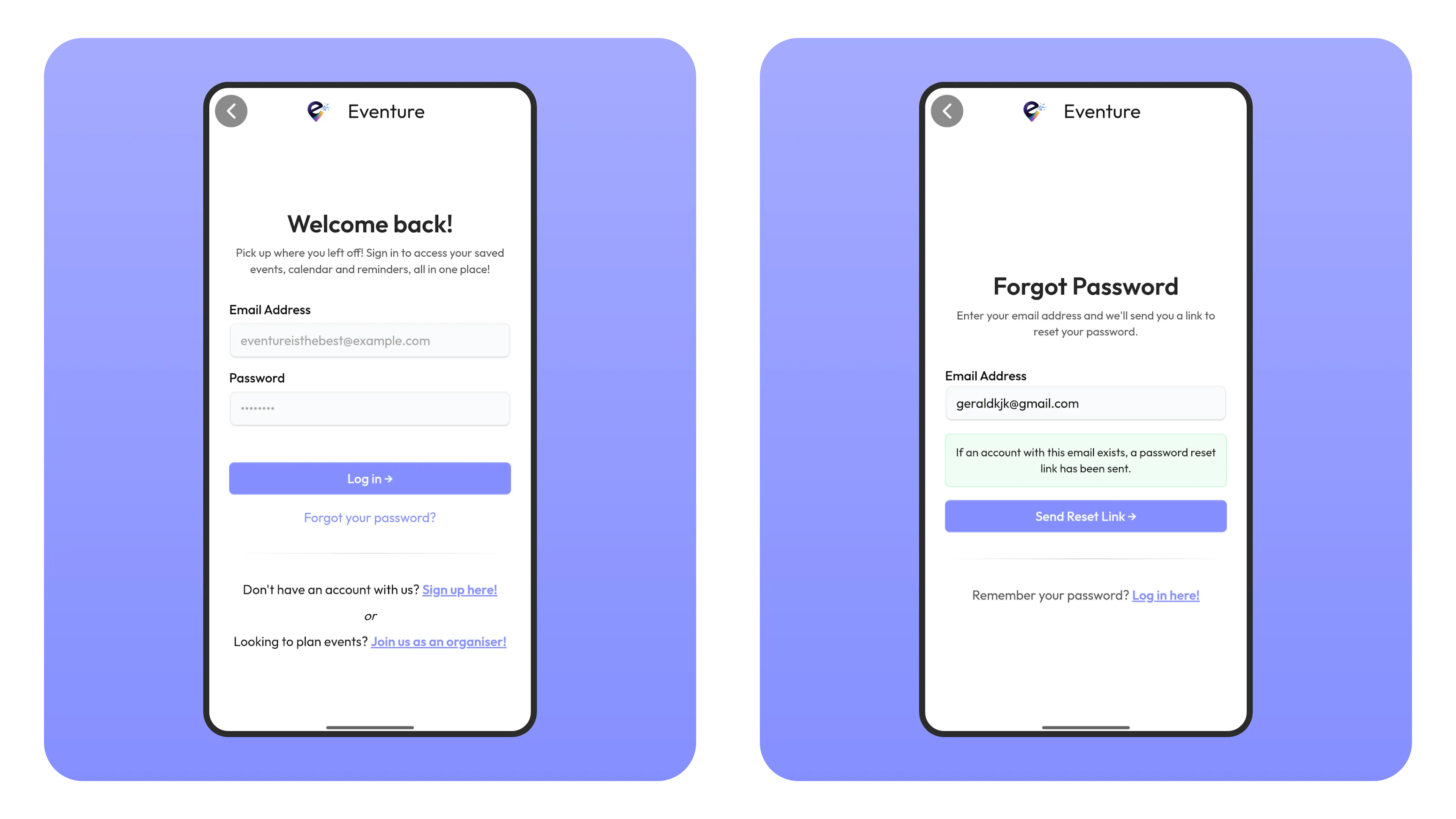 Mobile showcase of user login and reset password screens with email functionality
